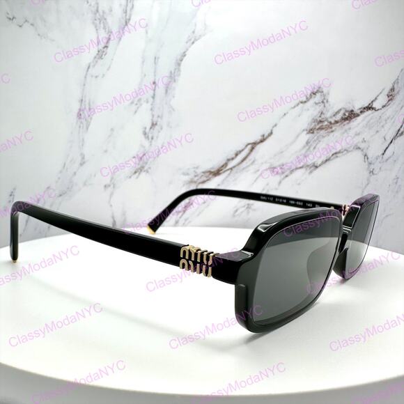 New MIU MIU Sunglasses Black Square Rectangle Acetate Gold Metal Logo Authentic main image 5